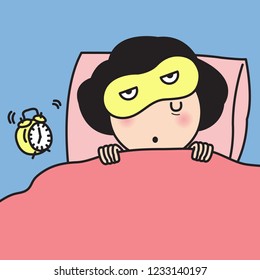 Young Woman Ignoring Alarm Clock Ringing While Sleeping In Her Bed At Home With Blindfold Eye Mask Concept Card Character illustration