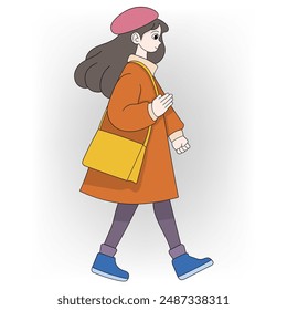 A young woman is illustrated walking with a confident stride, wearing an orange coat, a pink beret, and carrying a yellow bag.