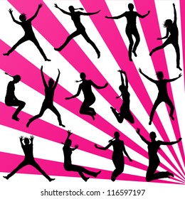 Young woman illustration collection silhouettes jumping in the air background vector