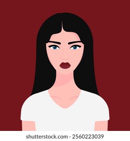 young woman illustration in white t-shirt, black long hair young girl portrait, red isolated white woman vector illustration