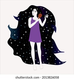 Young woman in the image of the night is combing her hair with stars scattered over it. Abstract female character. Vector illustration.