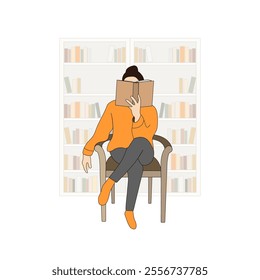 A young woman immersed in reading a book. A book-loving girl relaxes on a chair, enjoying her leisure time, with shelves filled with books in the background. Vector illustration