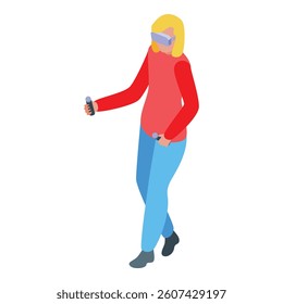 Young woman is immersed in a virtual reality experience, using vr glasses and controllers to engage with the digital realm
