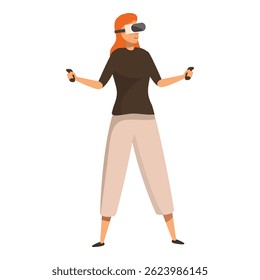 Young woman is immersed in a virtual reality experience, using a vr headset and controllers to interact with the digital world