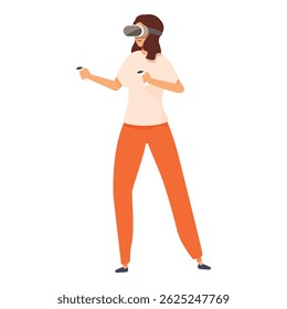Young woman is immersed in a virtual reality experience, using a vr headset and controllers