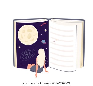 Mujer joven inmersión en el universo del libro. La chica se sienta con las piernas sumergidas en el espacio. Concepto de lectura, fondo vectorial de la literatura. Estudiar, la ilustración de diseño educativo en un sencillo estilo plano.