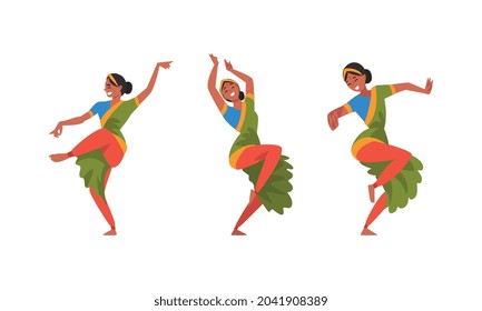 Young Woman Indian Dancer with Bindi in Traditional Clothes Performing Folk Dance Vector Set