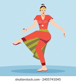 Young  Woman Indian Dancer with Traditional Clothes Performing Folk Dance Vector