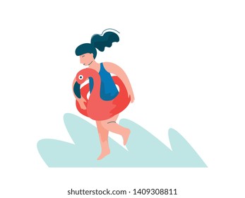 Young Woman with Inflatable Ring, Girl Doing Sports and Relaxing on Beach, Summer Outdoors Activities Vector Illustration