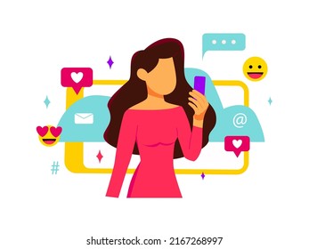 Young woman influencer holds a phone in her hand and takes a selfie.
Female Cartoon character. Social media. Cute concept vector illustration in flat style.