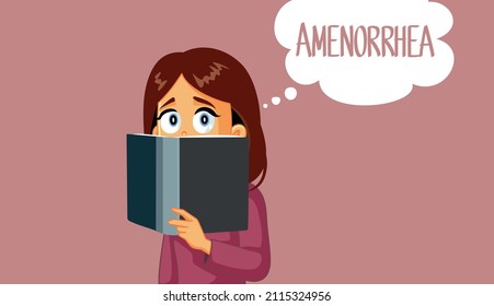 
Young Woman Informing Herself About Amenorrhea Vector Illustration. Girl missing menstruation informing herself about this health issue
