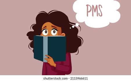 
Young Woman Informing Herself About Premenstrual Syndrome. Girl reading a book about PMS and feminine health issues 
