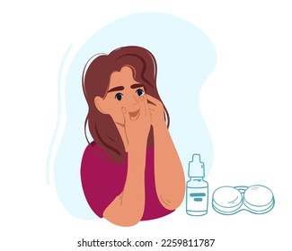 
A young woman inserts contact lenses. Ophthalmologist. Vector illustration. 