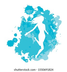 young woman inside blue watercolor splash, vector