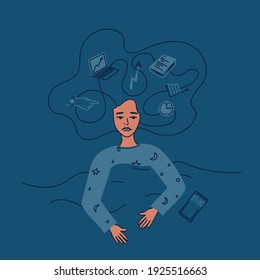 Young woman with insomnia in bed. Concept of burnout, emotional exhaustion, deadline, very busy or a lot of work. The employee cannot sleep, problems at work. Vector illustration square composition