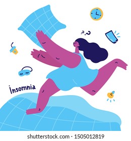 young woman with insomnia runs on the bed and catches a pillow.Woman suffering from insomnia.Girl thinks how to solve her problems and fall asleep.Vector illustration