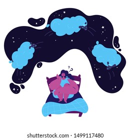 А young woman with insomnia sits on a bed and counts the sheep jumping over her in the starry sky.Woman suffering from insomnia.Girl thinks how to sleep and counts sheep.Vector illustration