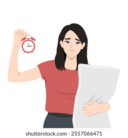 Young woman with insomnia. Sleepy female character who cant sleep holding pillow and alarm clock. Flat vector Character Illustration