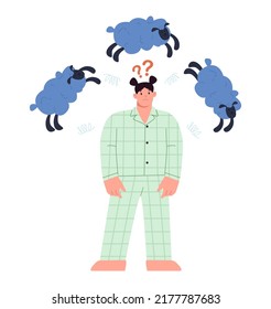 А young woman with insomnia stands and counts the sheep jumping over her.Woman suffering from insomnia in pajamas. Vector Illustration