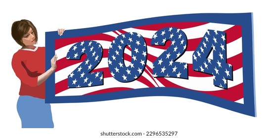 A young woman inspects a waving stars and stripes banner that denotes the 2024 presidential and congressional elections. This is a vector illustration isolated on a white background. 