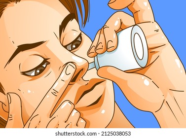 A young woman instilled nose-spray onto her nose. Medical procedure. Healthcare illustration, medical illustration. Vector illustration. 