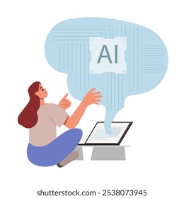 Young Woman Interacting with Artificial Intelligence for Business or Education. 