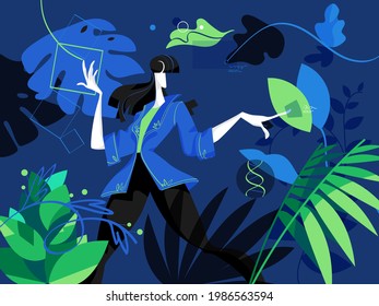 Young woman interacting with digital interfaces in the garden  full of plants