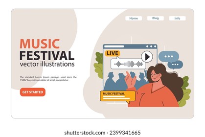 Young woman interacting with a live music festival streaming on her digital screen, surrounded by audience silhouettes and chat bubbles. Digital concert experience. Flat vector illustration