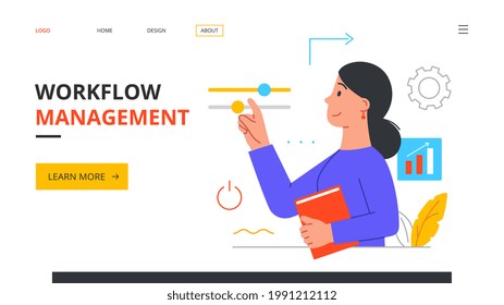 Young woman interacting to workflow operations. Workforce process optimization, productivity, workflow management concepts. Minimal style flat cartoon vector illustration