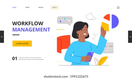 Young woman interacting to workflow operations. Workforce process optimization, productivity, workflow management concepts. Minimal style flat cartoon vector illustration