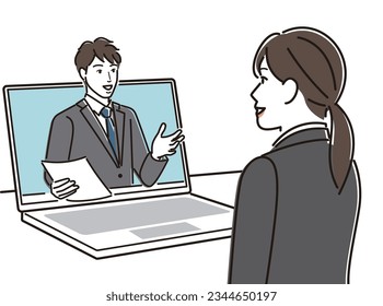 Young woman interviewing a man online