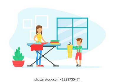 Young Woman Ironing Clothes on Ironing Board, Son Helping Her, Housekeeping Concept Flat Vector Illustration