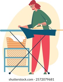 Young woman ironing clothes on an ironing board, surrounded by a basket of freshly laundered linen, engaging in routine housework and maintaining a tidy home environment