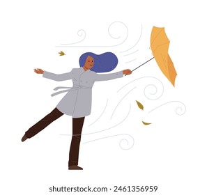Young woman isolated cartoon character holding umbrella struggling with strong wind and hurricane