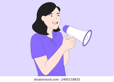 Young woman isolated on background speaking into a megaphone. Concept of human emotions facial expression. Vector flat illustration.