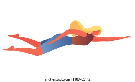 Young woman isolated on white, swimming breaststroke. Colorful bold character in flat style in swimsuit