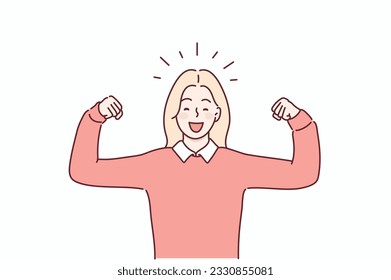 Mujer joven aislada mostrando gesto de fuerza con los brazos, símbolo de poder femenino. Ilustraciones de diseño vectorial de estilo dibujado a mano.