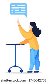 Young woman isolated at white background with speech cloud or dialog cloud with text. Conversation or talking with someone. Cartoon character in vector style near table on rollers. Dialogue concept