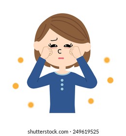 A young woman with itchy eyes, allergen flowing in the air, vector illustration