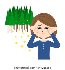 A young woman with itchy eyes, allergy caused by cedar pollen, vector illustration