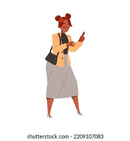 Young Woman in Jacket and Skirt Walking and Typing Message with Smartphone Engaged in Chatting Vector Illustration