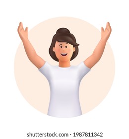 Young woman Jane celebrating goal achievement, victory. Concept of victory and success. Win, raised hands, hands up gesture. 3d vector people character illustration.