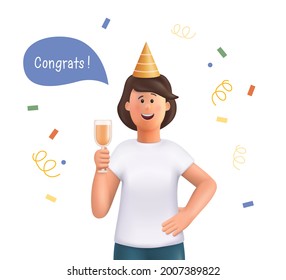 Young woman Jane celebrating holiday with colorful confetti and champagne. Сongratulations and having fun. 3d vector people character illustration.