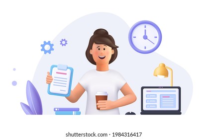 Young woman Jane - freelance worker working with laptop at home. Daily work routine. 3d vector people character illustration.