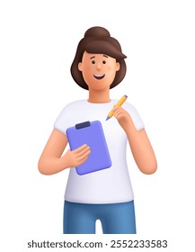 Young woman Jane holding blank or clipboard and pencil. Education, knowledge, study concept. 3d vector people character illustration. Cartoon minimal style.