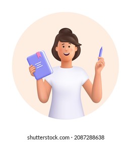Young woman Jane holding book and pencil. Education, knowledge, study concept. 3d vector people character illustration. Cartoon minimal style.