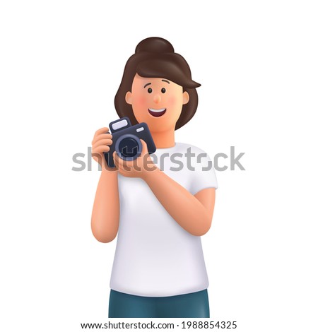 Young woman Jane holding camera, taking photo and smiling. Professional photographer, cameraman concept. 3d vector people character illustration.