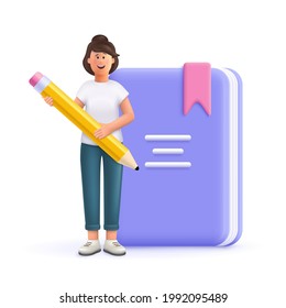 Young woman Jane holding pen front of huge book. Prepare to examination, make homework, read and learn. Education, university, college concept. 3d vector people character illustration.
