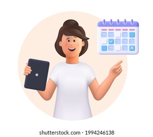 Young woman Jane holding tablet, showing plan schedule, planning day scheduling appointment in calendar application. Business planning ,events, reminder and timetable.3d vector people illustration.