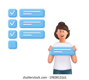 Young woman Jane holding a task sign, standing nearby a giant marked checklist. Concept of task completion, set a task, planning, time management. 3d vector people character illustration.